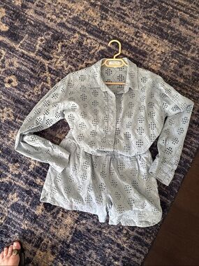 Habitual Light Blue Eyelet Button Front Top with shorts to match.